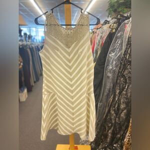 Karen Hart New ladies M/L beige/Teal and white striped dress